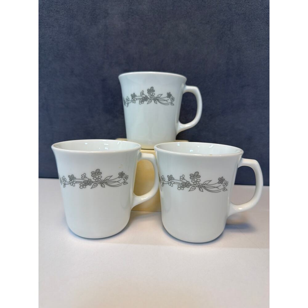 Set of 3 CORELLE Corning Coffee Mugs “Ribbon Bouquet”  Grey floral-Retired